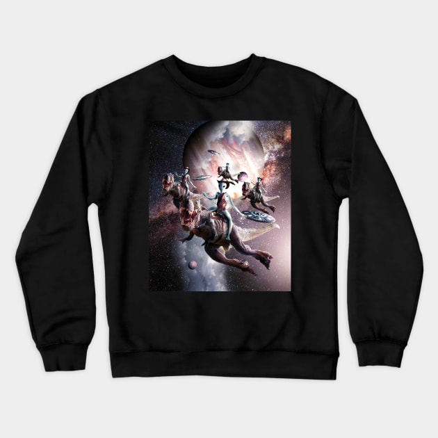 Alien Riding T-Rex Dinosaur In Space Crewneck Sweatshirt by Random Galaxy